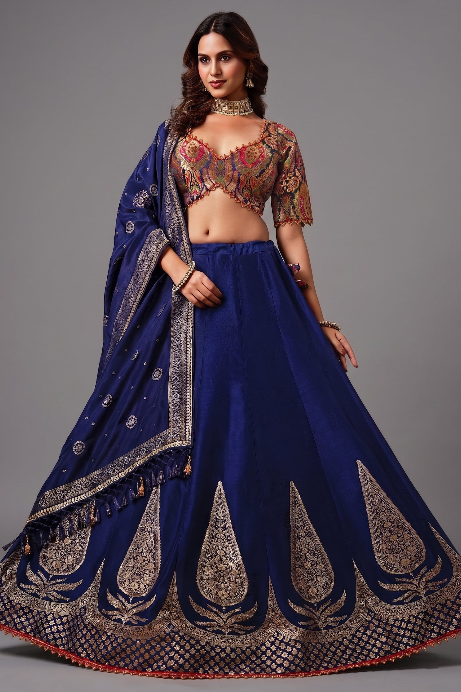 Dark Blue Banarasi Kinkhab and Dola Silk Heritage Lehenga Choli Main image