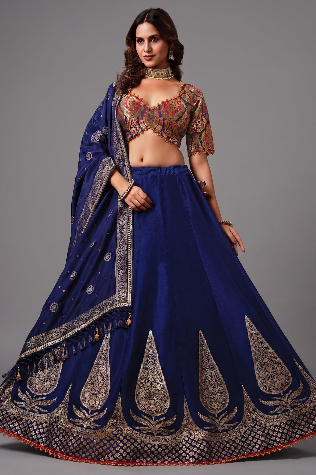 Dark Blue Banarasi Kinkhab and Dola Silk Heritage Lehenga Choli
