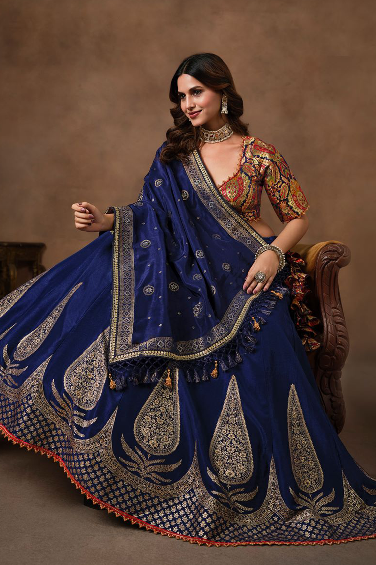 Dark Blue Banarasi Kinkhab and Dola Silk Heritage Lehenga Choli