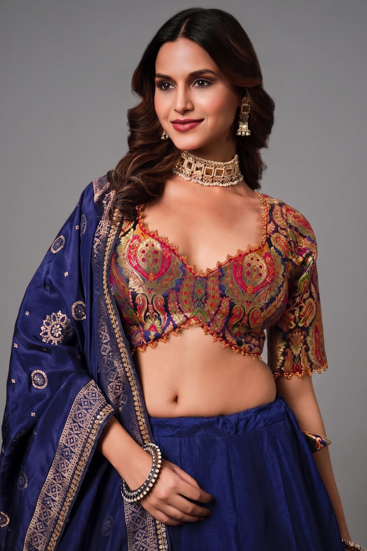 Dark Blue Banarasi Kinkhab and Dola Silk Heritage Lehenga Choli