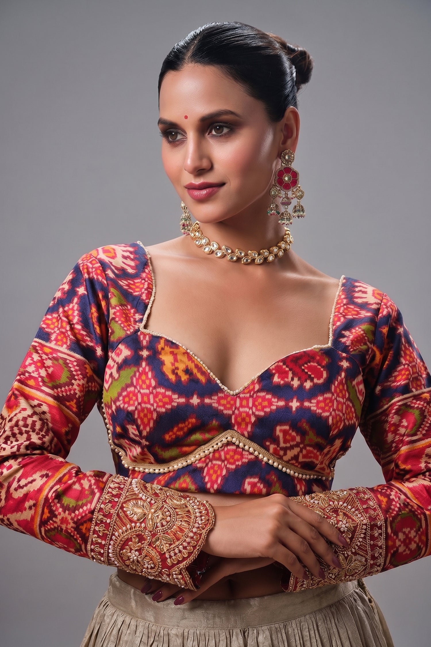 Cream and Gold Tissue Lehenga with Patola Choli and Rust Red Embroidered Dupatta Secondary image