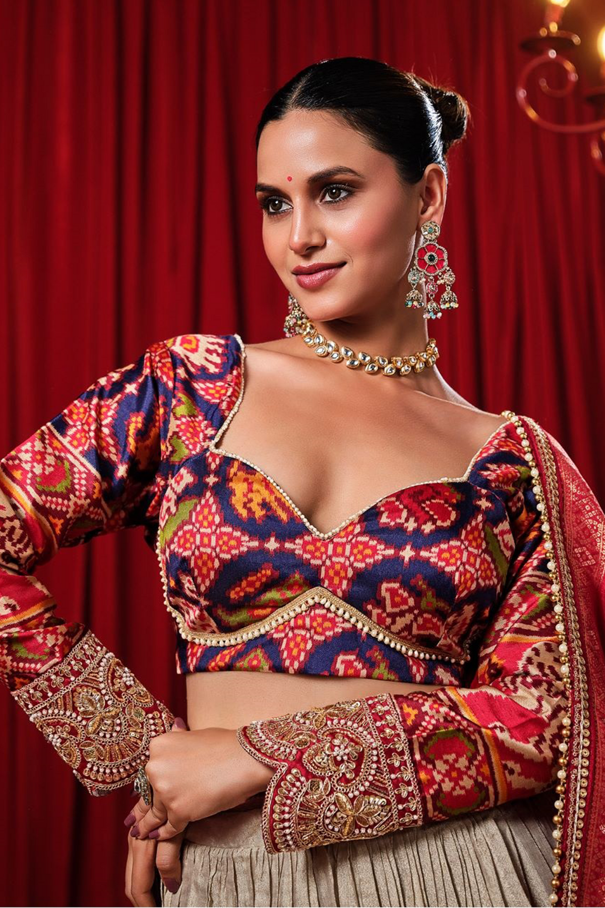 Cream and Gold Tissue Lehenga with Patola Choli and Rust Red Embroidered Dupatta