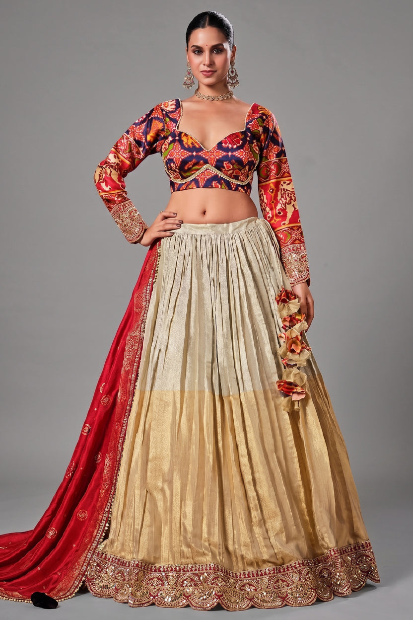 Cream and Gold Tissue Lehenga