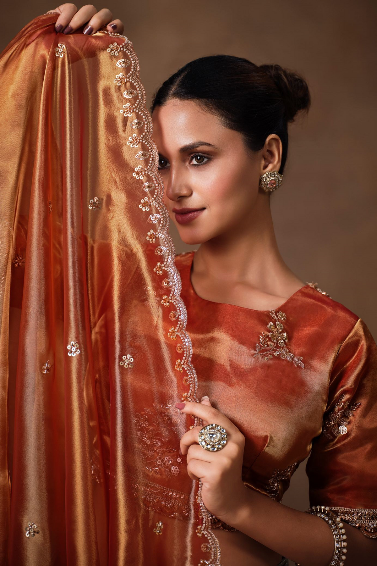 Grey and Orange Panelled Tissue Lehenga with Copper Tissue Border Dupatta