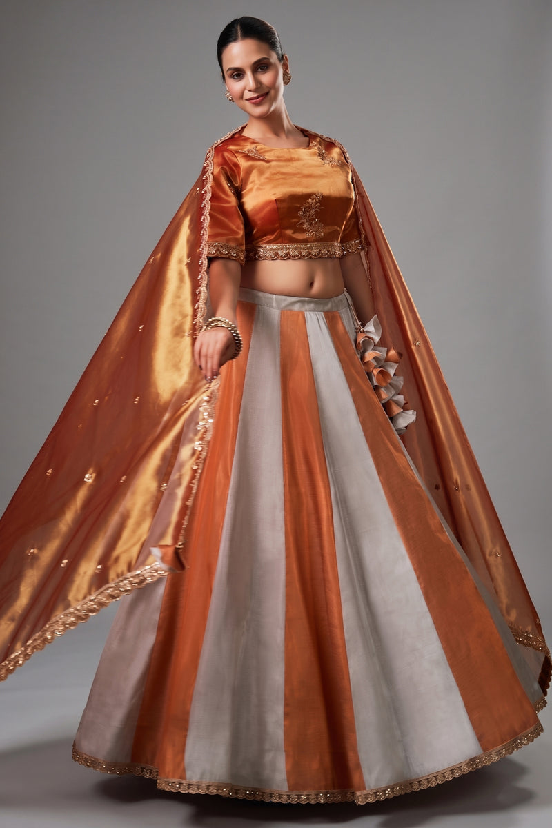 Grey and Orange Panelled Tissue Lehenga with Copper Tissue Border Dupatta