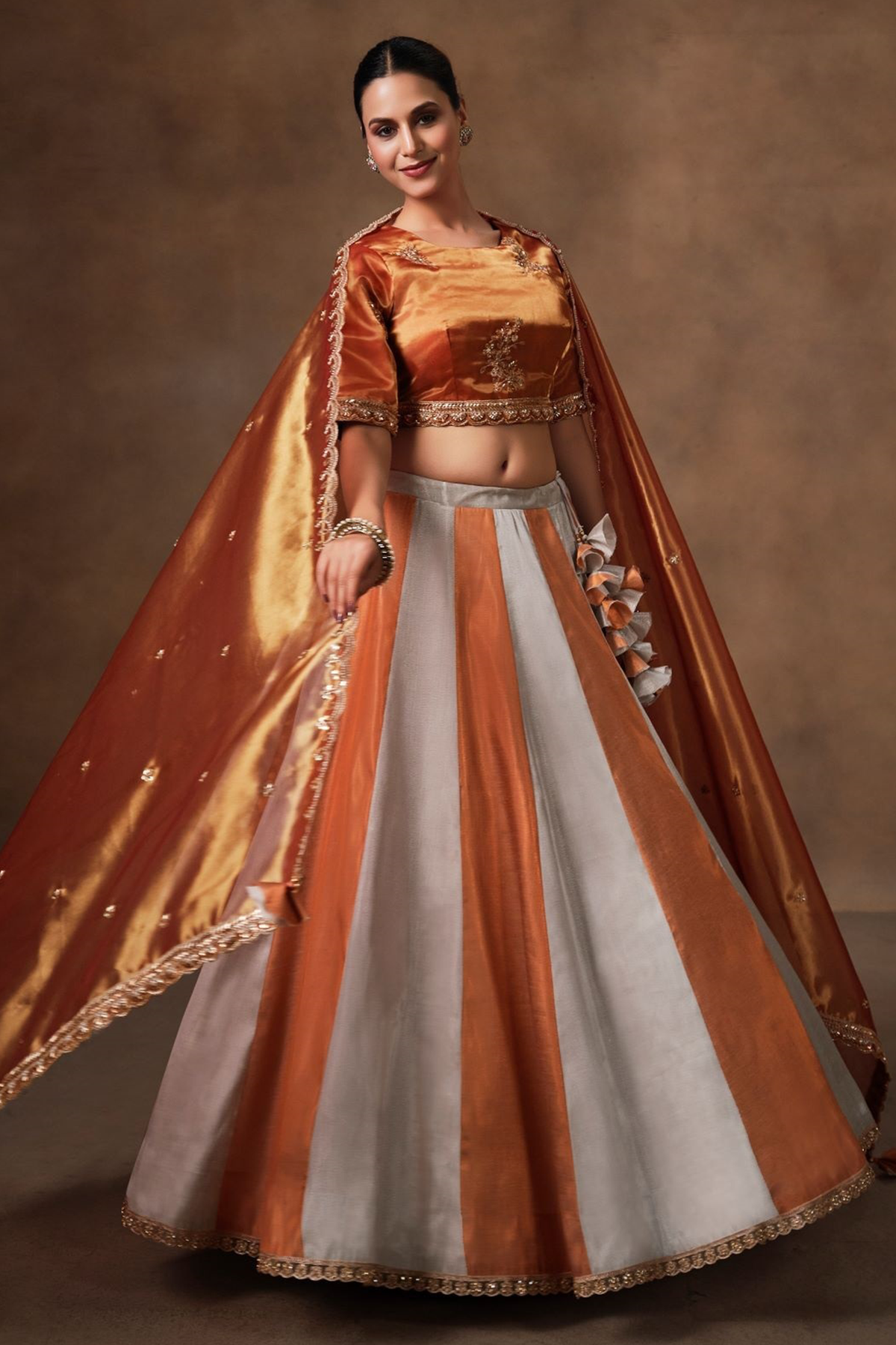 Grey and Orange Panelled Tissue Lehenga with Copper Tissue Border Dupatta