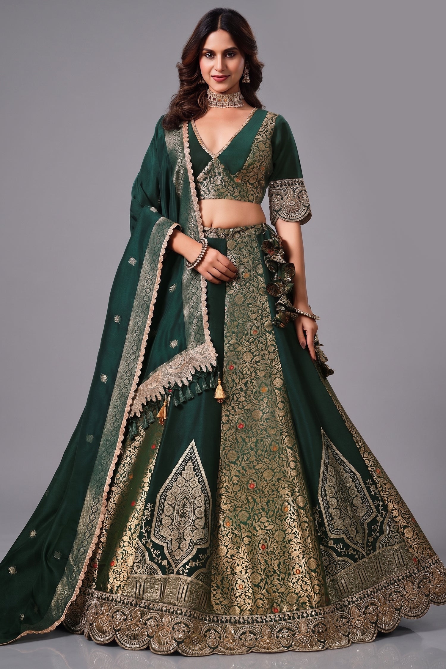 Deep Forest Green Kimkhab Silk Panelled Lehenga with Heavy Worked Border Main image