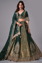 Deep Forest Green Kimkhab Silk Panelled Lehenga with Heavy Worked Border