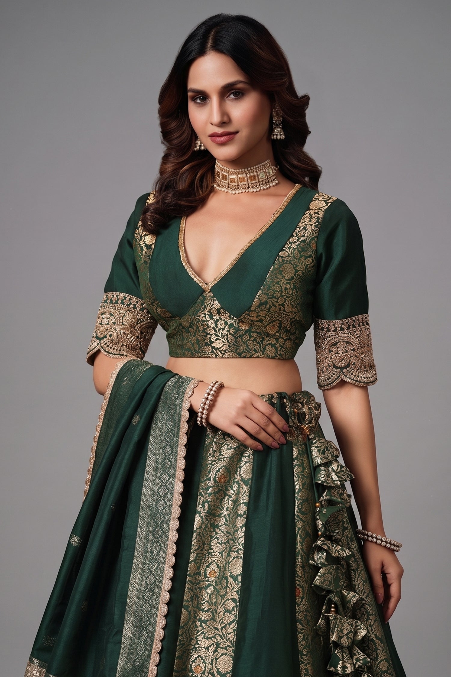 Deep Forest Green Kimkhab Silk Panelled Lehenga with Heavy Worked Border Secondary image