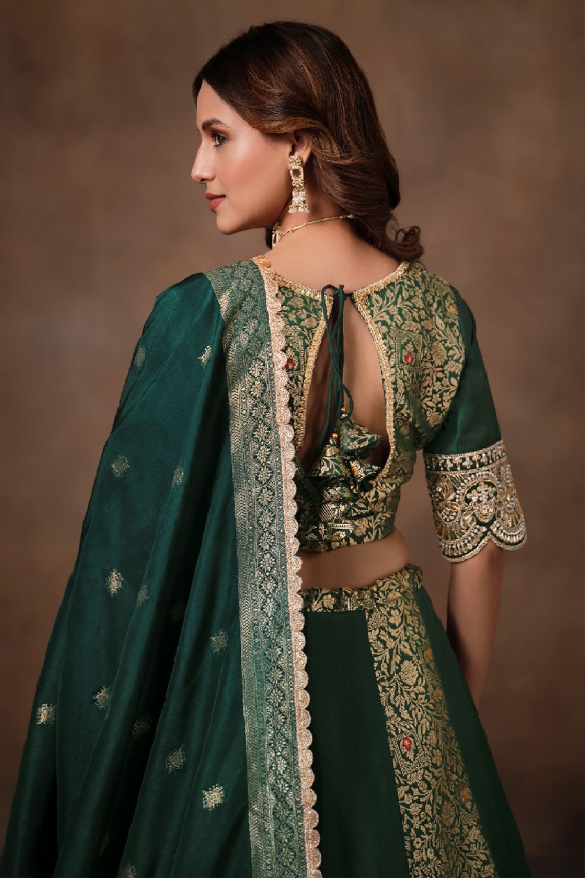 Deep Forest Green Kimkhab Silk Panelled Lehenga with Heavy Worked Border