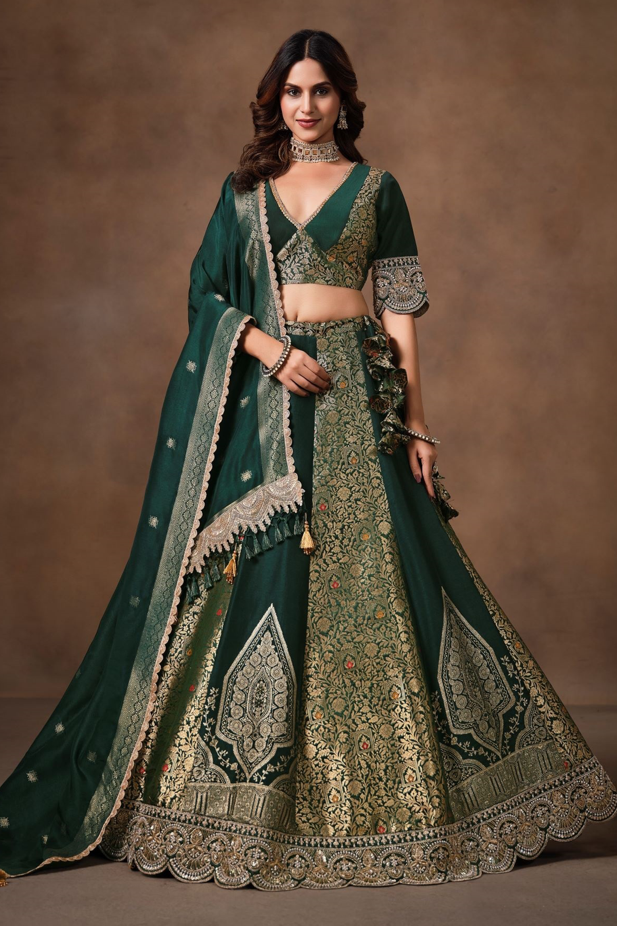 Deep Forest Green Kimkhab Silk Panelled Lehenga with Heavy Worked Border