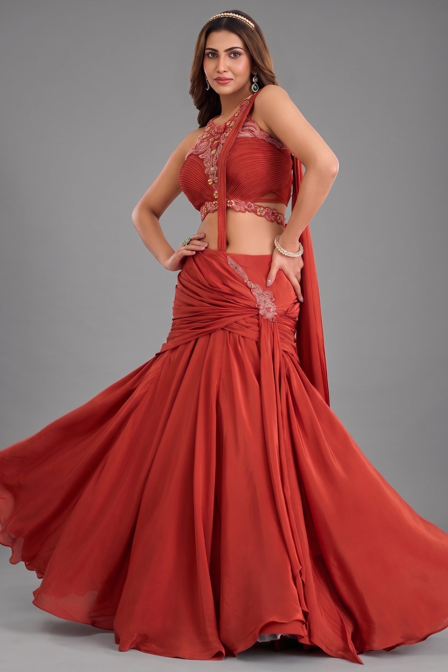 Rust Orange Satin Crepe Silk Draped Skirt Set with Halter-Neck Pleated Bustier and Attached Dupatta Main image