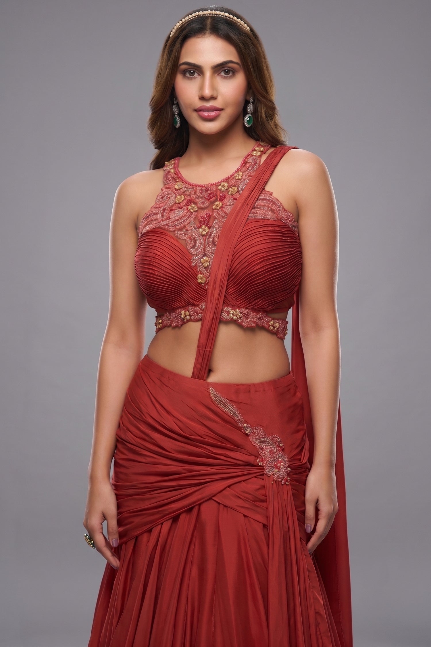 Rust Orange Satin Crepe Silk Draped Skirt Set with Halter-Neck Pleated Bustier and Attached Dupatta Secondary image