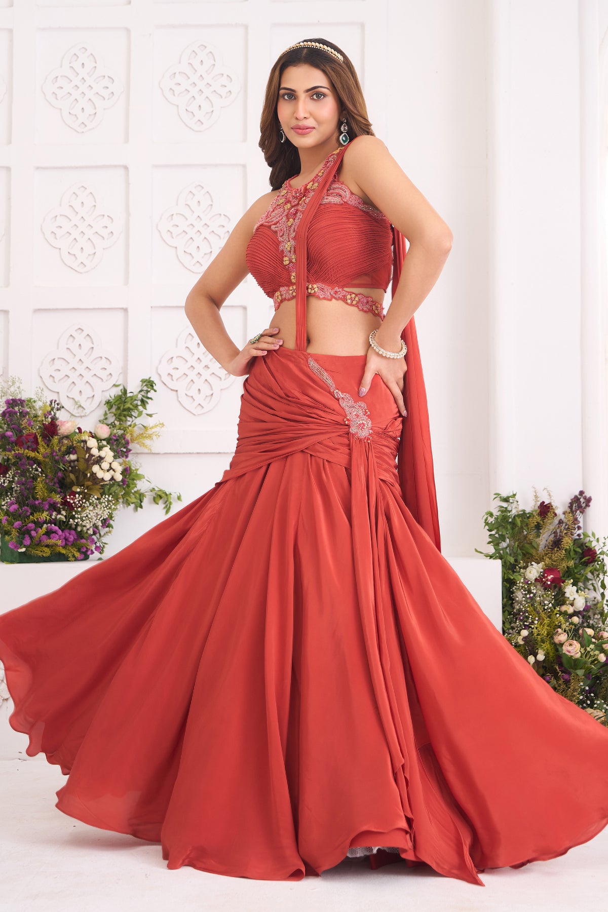 Rust Orange Satin Crepe Silk Draped Skirt Set with Halter-Neck Pleated Bustier and Attached Dupatta
