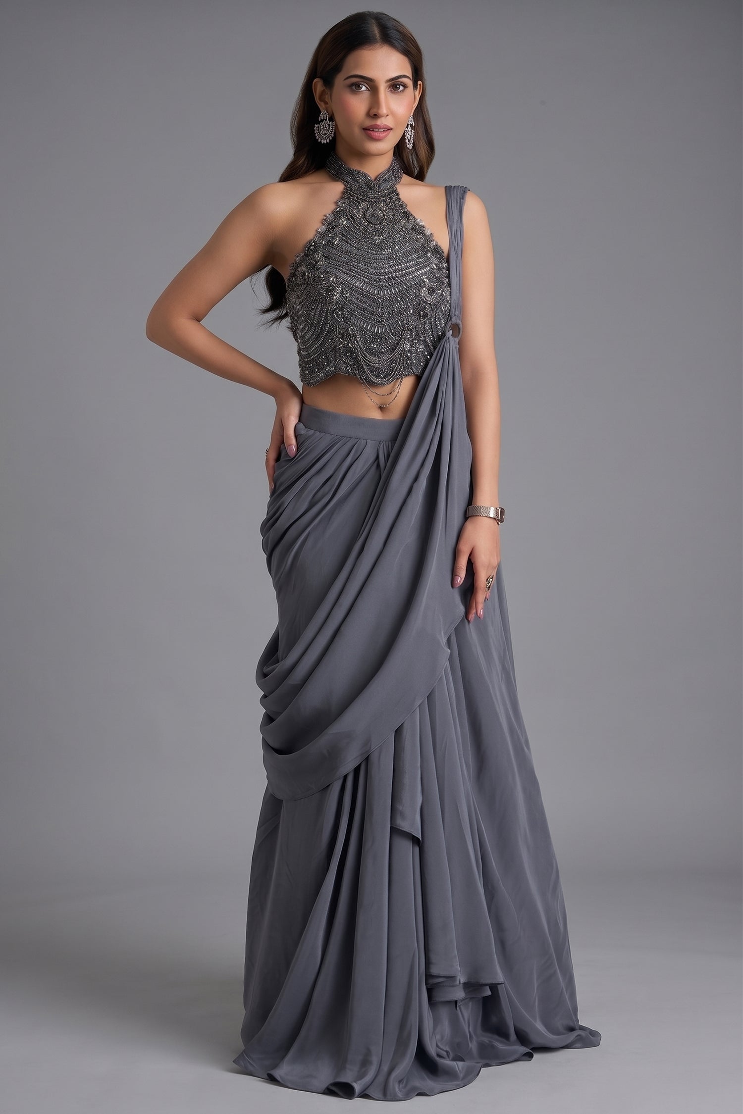 Charcoal Grey Pre-Draped Skirt Set featuring Halter-Neck Sequin Cutdana Bustier with Attached Dupatta Main image
