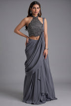 Charcoal Grey Pre-Draped Skirt Set featuring Halter-Neck Sequin Cutdana Bustier with Attached Dupatta
