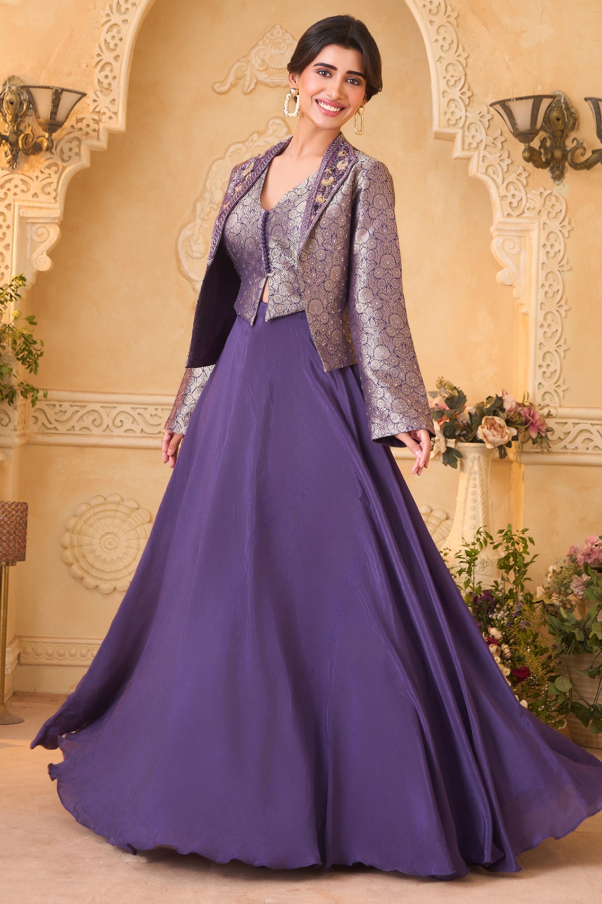 Deep Purple Crepe Satin Silk Flare Lehenga featuring Tailored Brocade Cropped Jacket and Corset Set