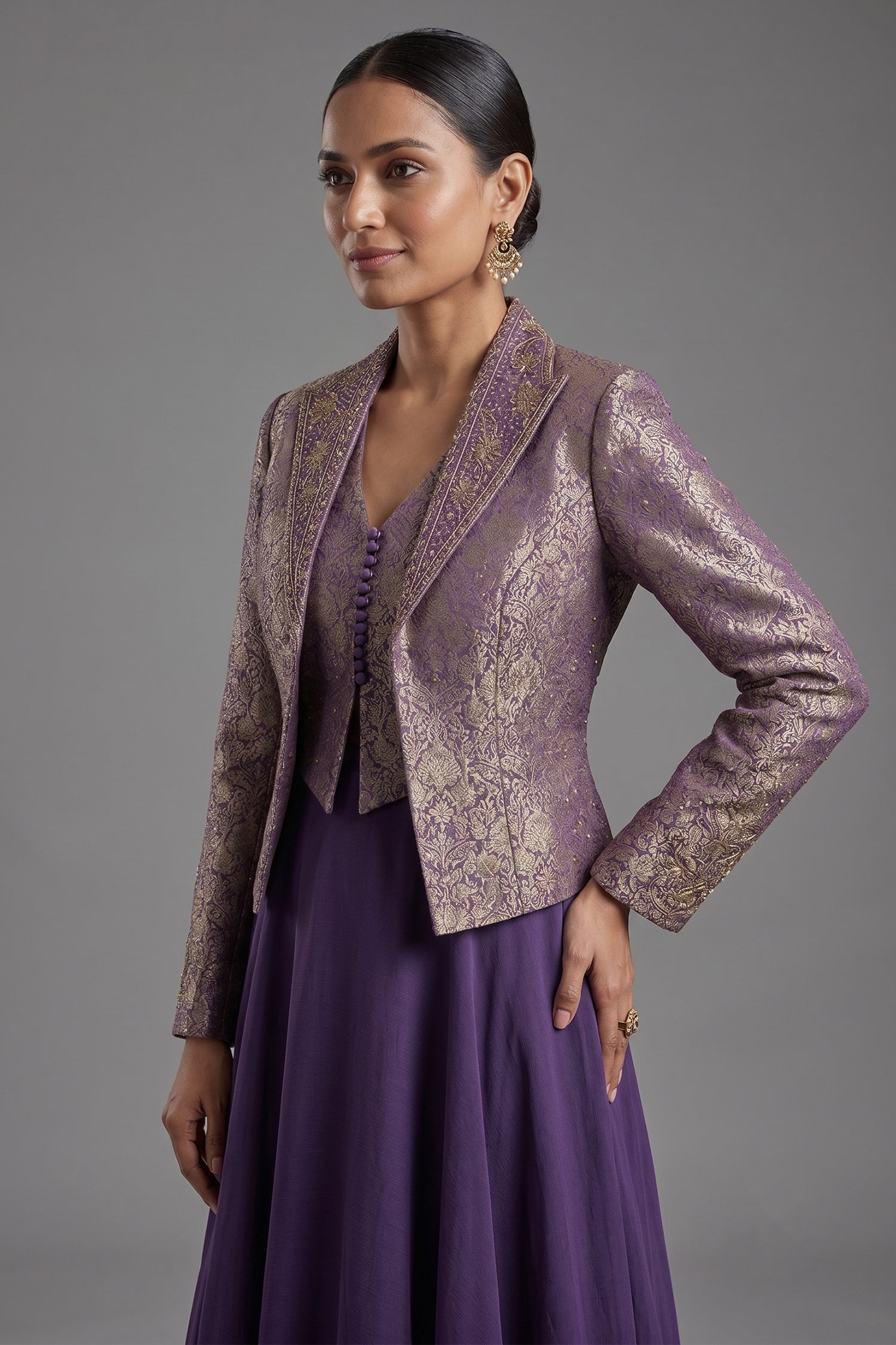 Deep Purple Crepe Satin Silk Flare Lehenga featuring Tailored Brocade Cropped Jacket and Corset Set Secondary image