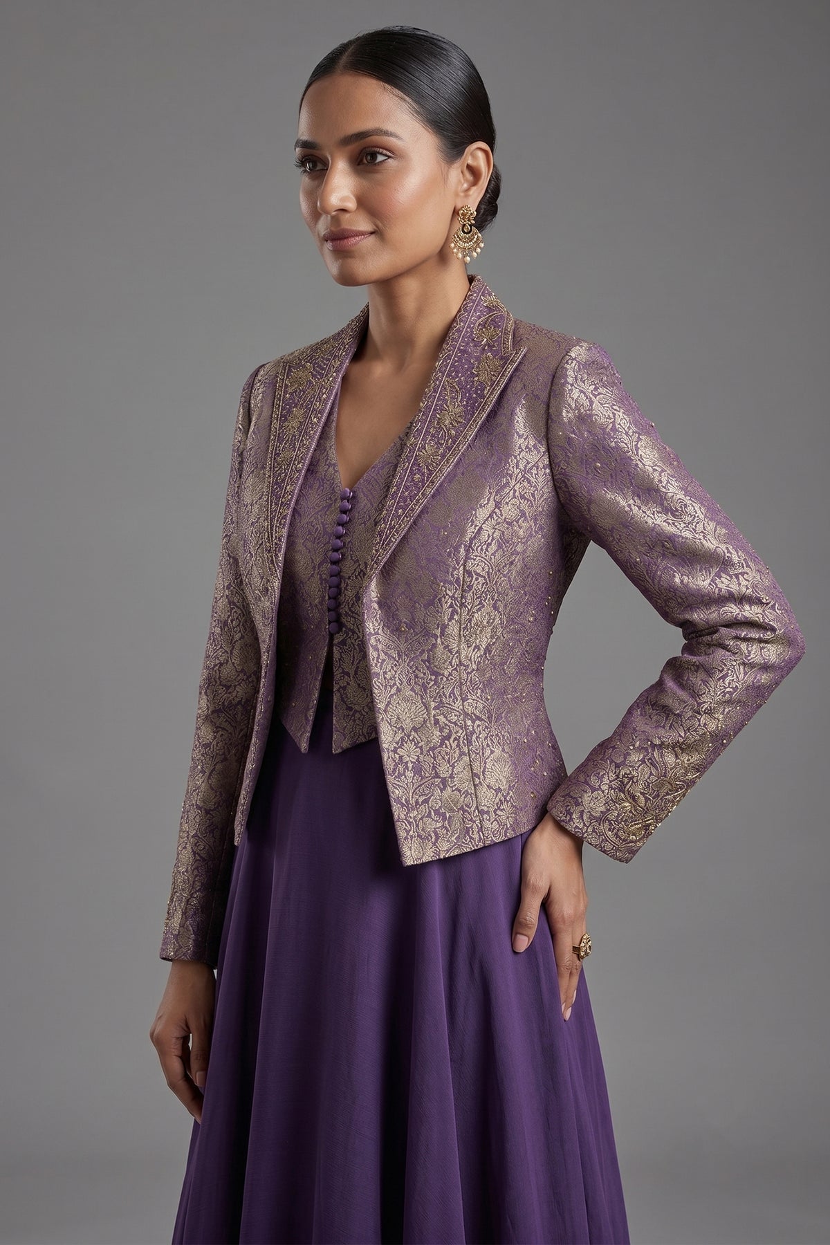 Deep Purple Crepe Satin Silk Flare Lehenga featuring Tailored Brocade Cropped Jacket and Corset Set