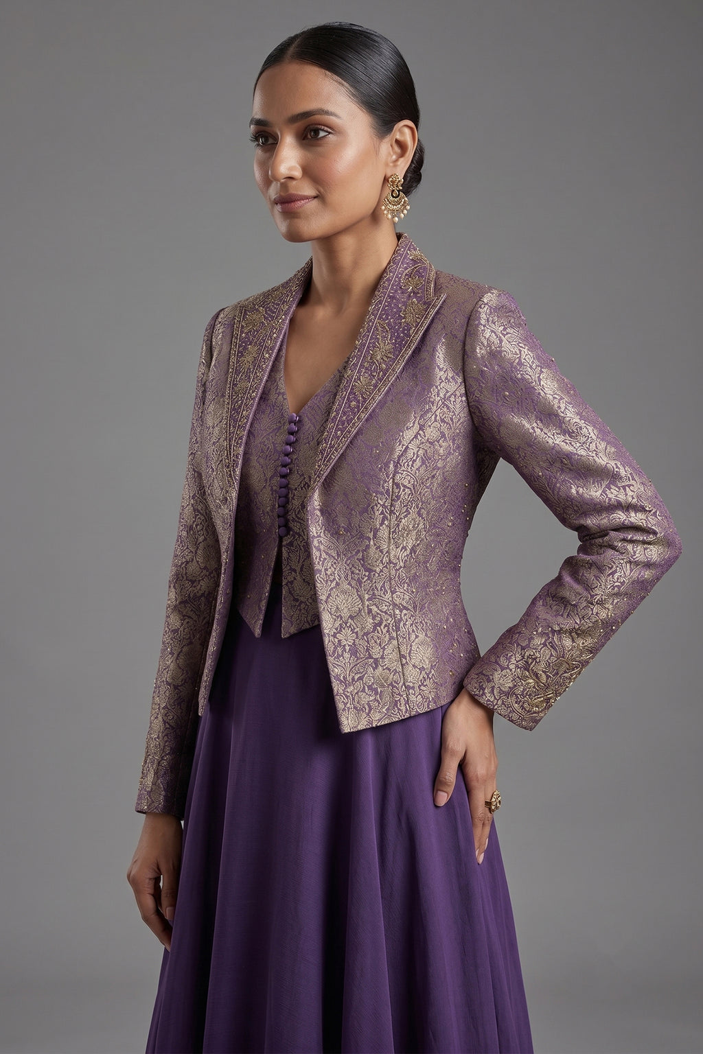 Deep Purple Crepe Satin Silk Flare Lehenga featuring Tailored Brocade Cropped Jacket and Corset Set