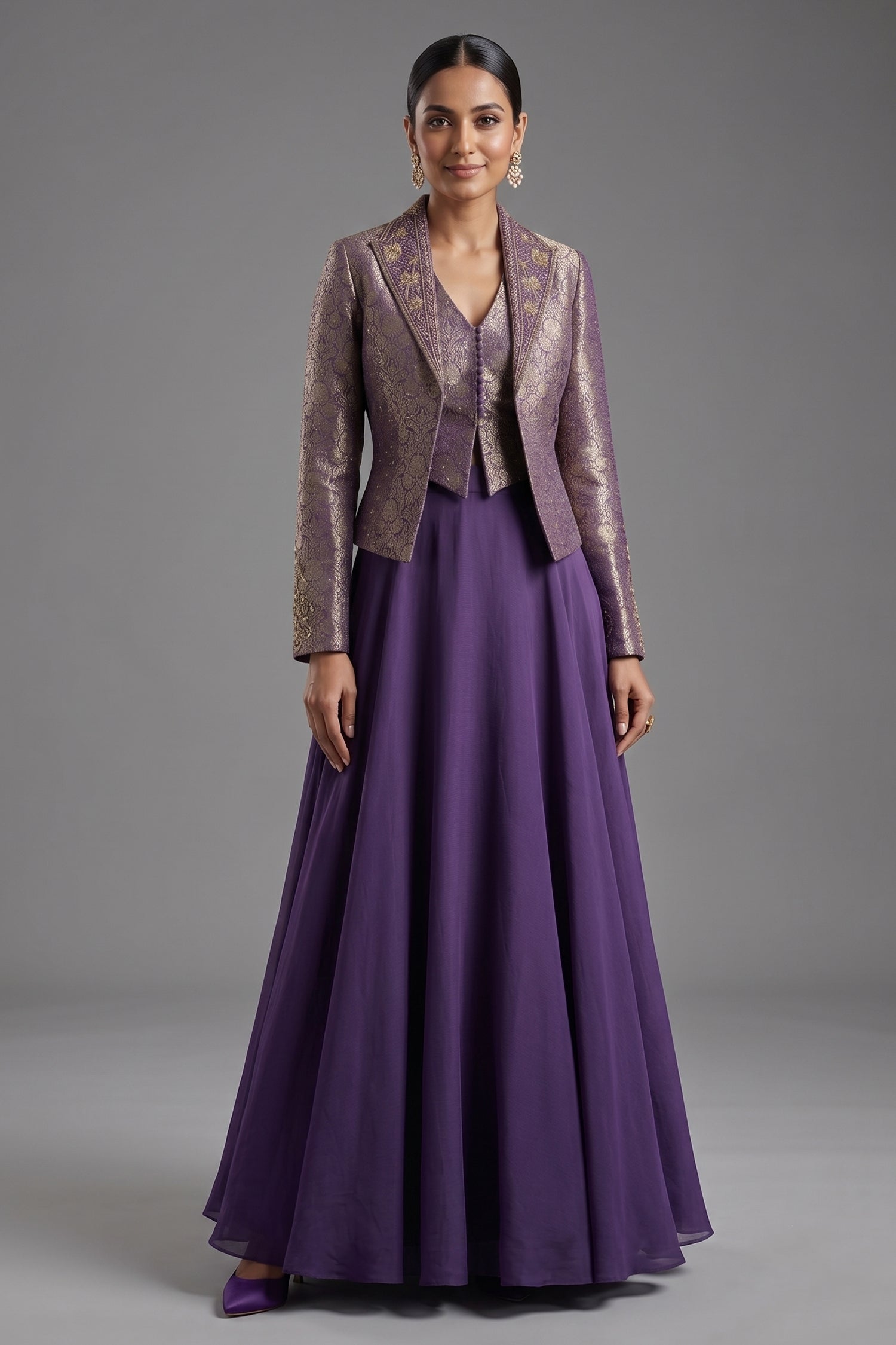 Deep Purple Crepe Satin Silk Flare Lehenga featuring Tailored Brocade Cropped Jacket and Corset Set Main image