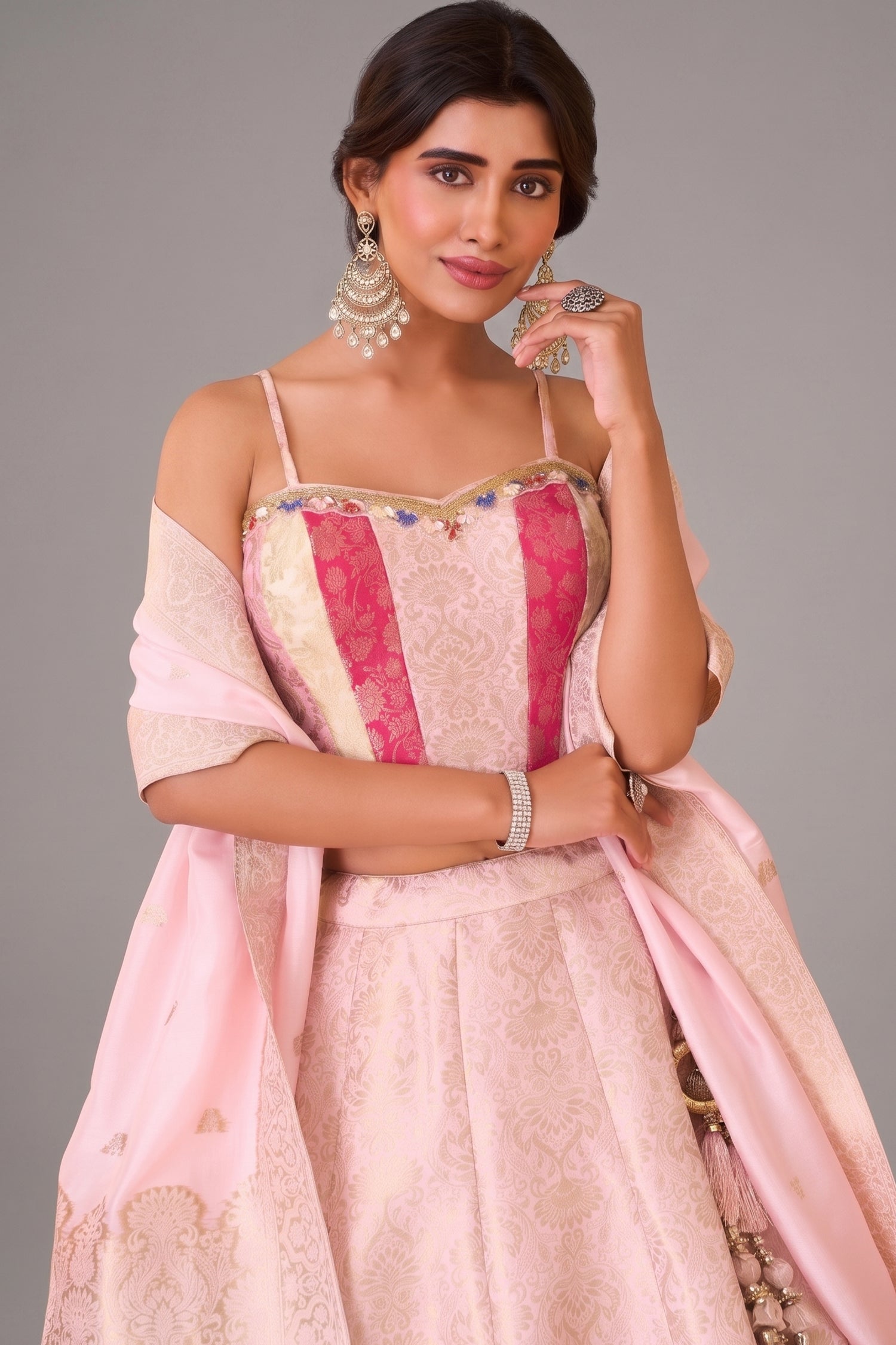 Pastel Pink Brocade Lehenga Set featuring Paneled Multi-Tonal Woven Corset and Banarasi Dupatta Secondary image