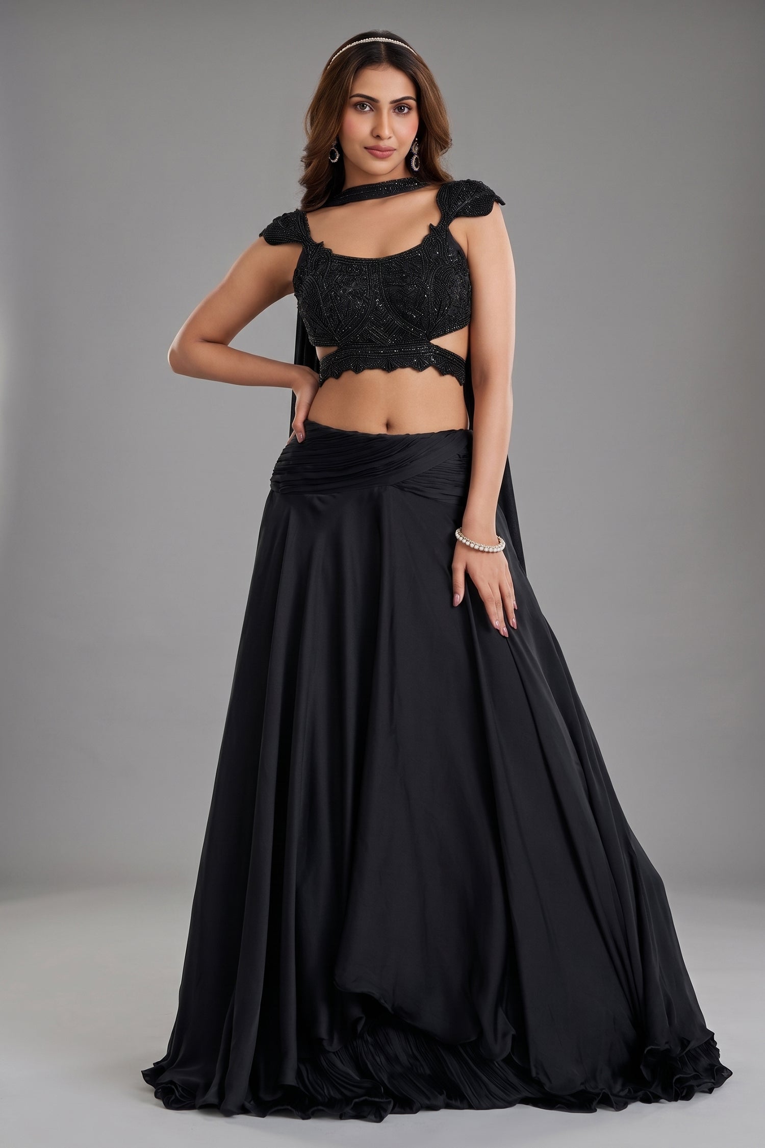 Midnight Black Chinon Satin Layered Lehenga with Heavily Hand-Embellished Cutout Blouse and Choker Dupatta Main image