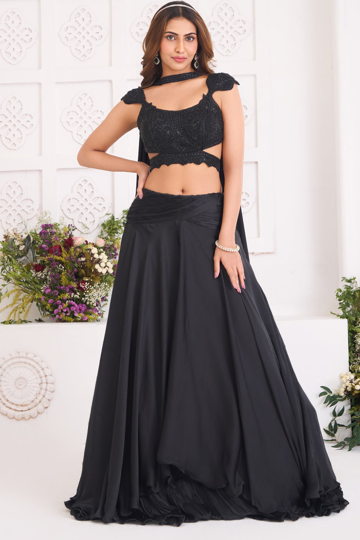 Midnight Black Chinon Satin Layered Lehenga with Heavily Hand-Embellished Cutout Blouse and Choker Dupatta
