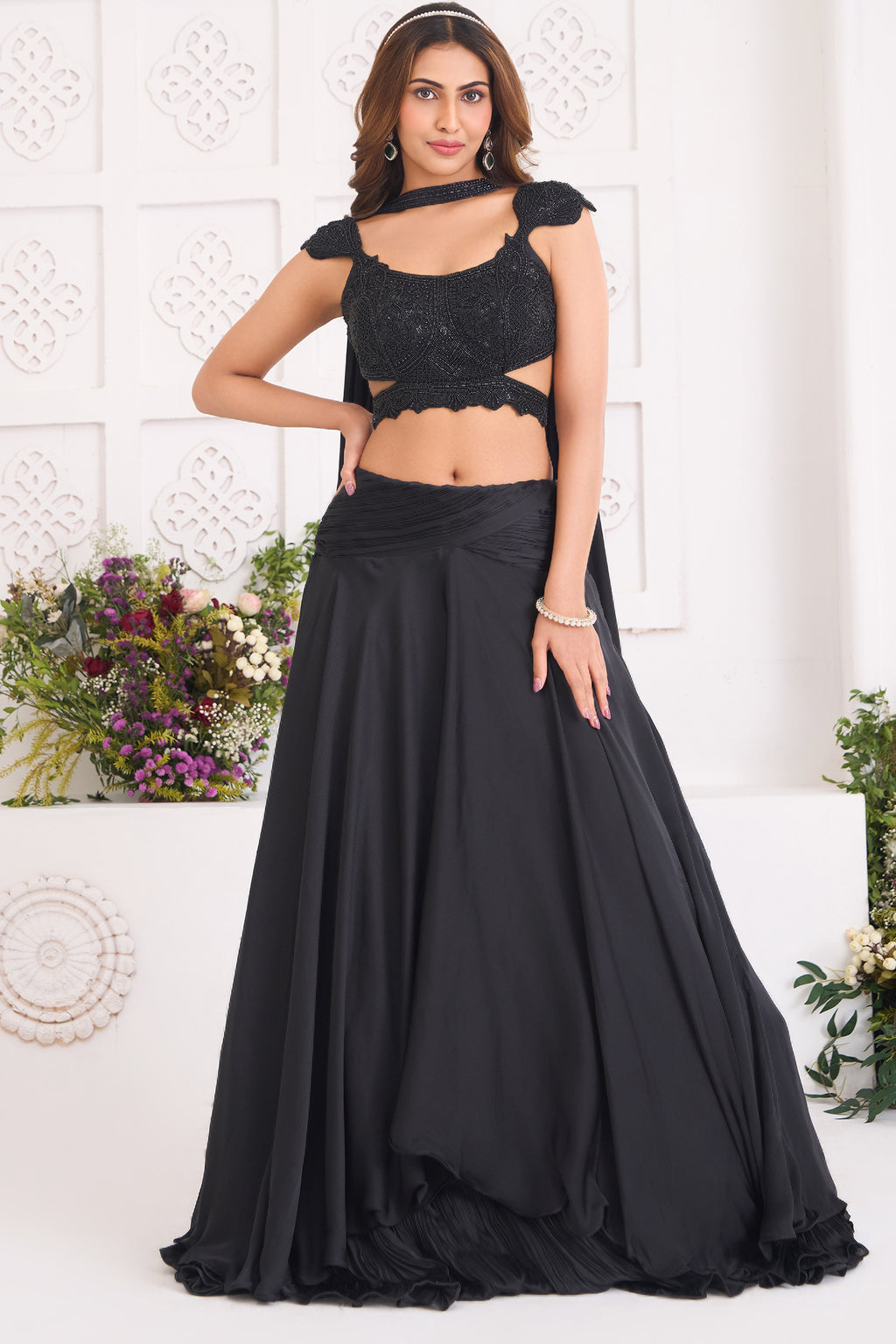 Midnight Black Chinon Satin Layered Lehenga with Heavily Hand-Embellished Cutout Blouse and Choker Dupatta