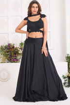 Midnight Black Chinon Satin Layered Lehenga with Heavily Hand-Embellished Cutout Blouse and Choker Dupatta
