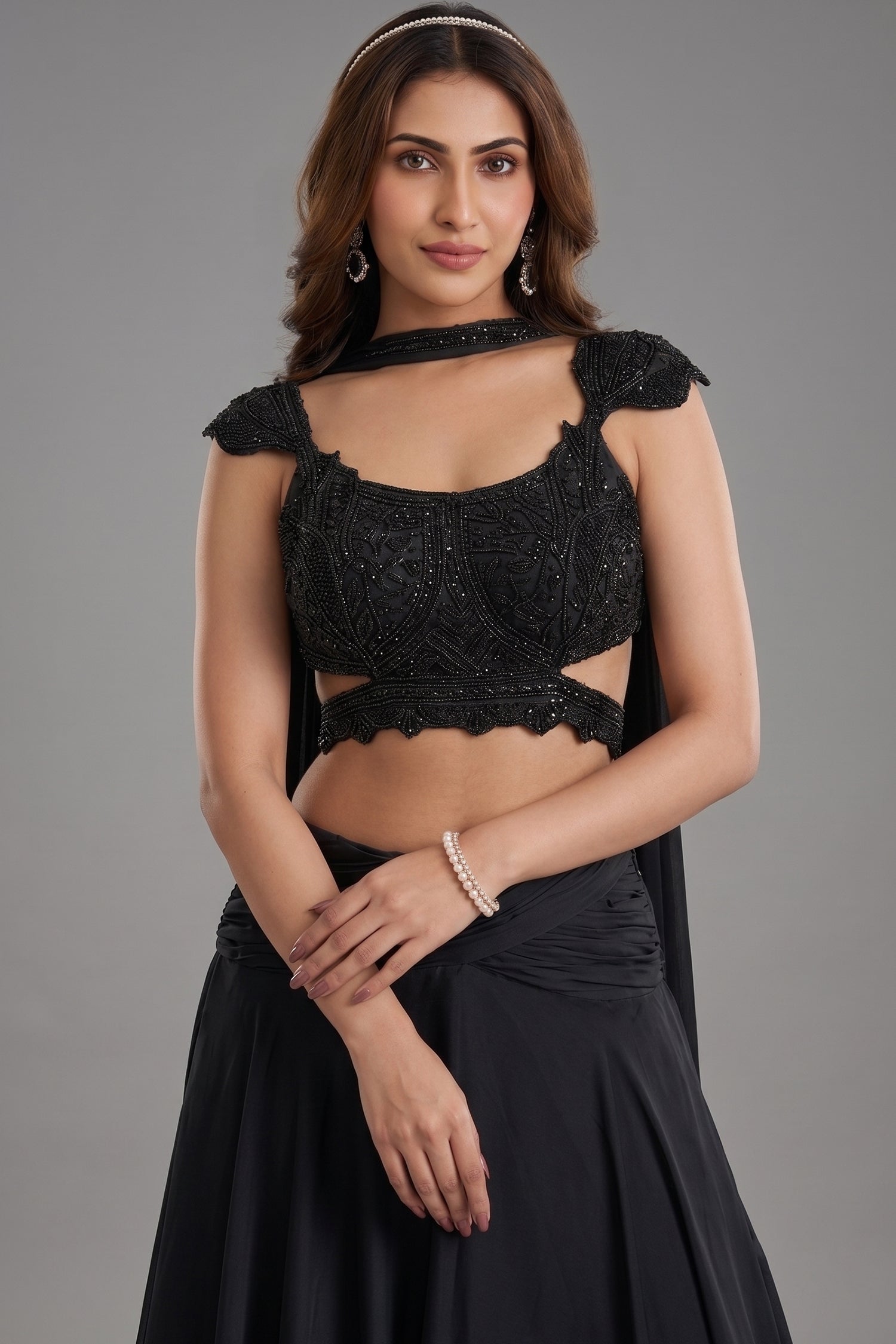 Midnight Black Chinon Satin Layered Lehenga with Heavily Hand-Embellished Cutout Blouse and Choker Dupatta Secondary image