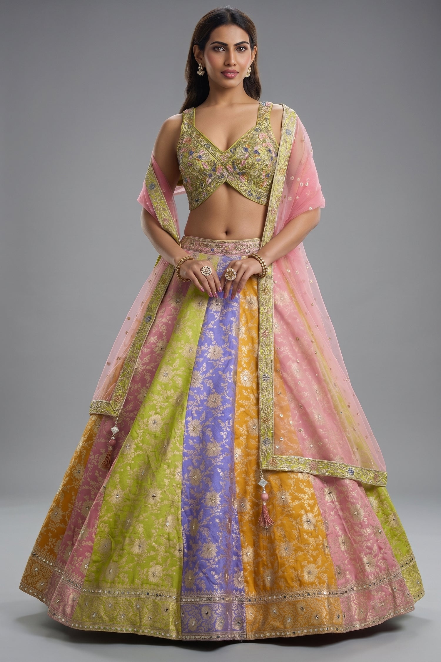Multi-Color Paneled Banarasi Lehenga featuring Sequin-Beaded V-Neck Choli Main image