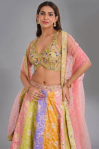 Multi-Color Paneled Banarasi Lehenga featuring Sequin-Beaded V-Neck Choli