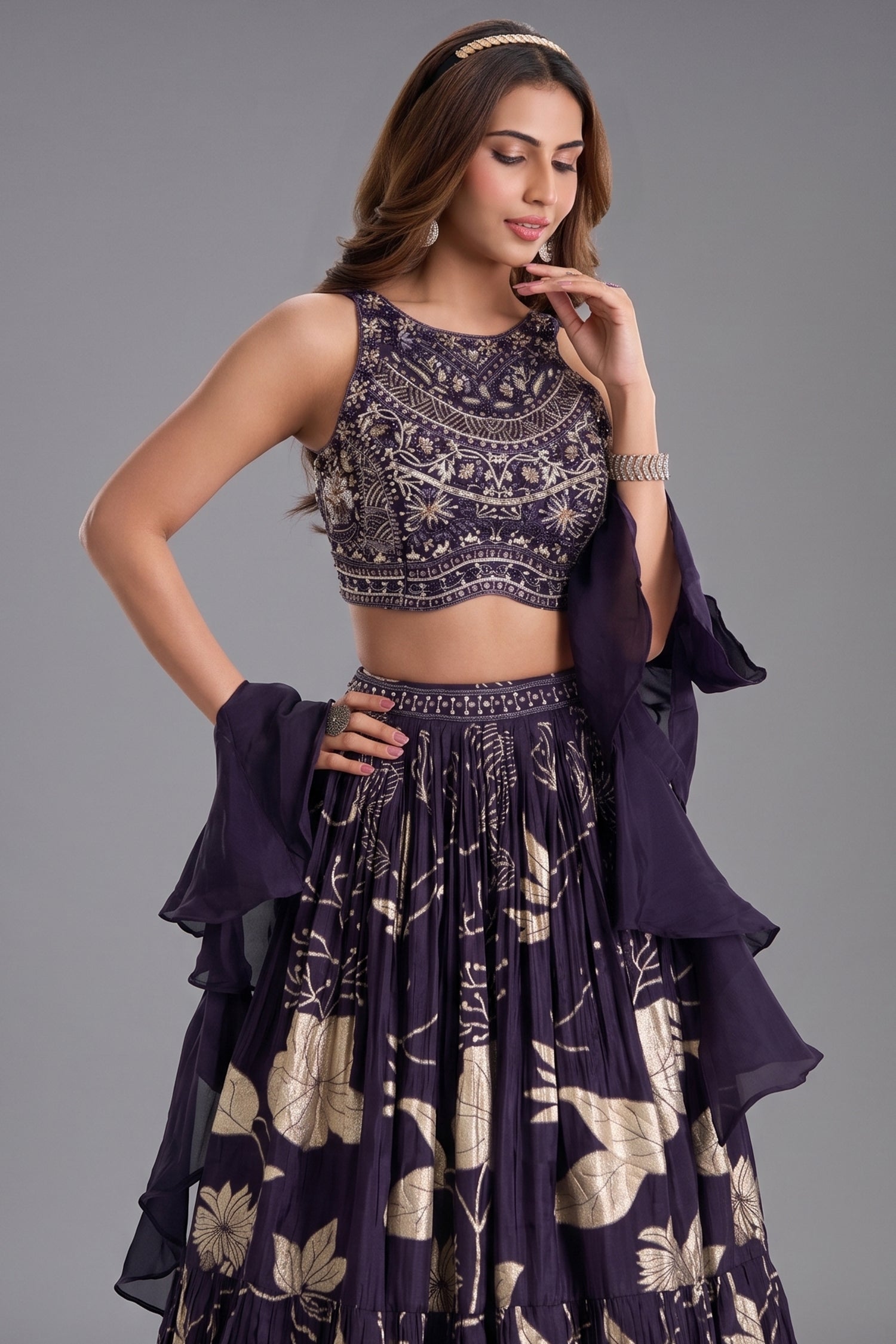 Deep Wine Purple Woven Lehenga Set featuring Sequin Cutdana Illusion Crop Top Secondary image
