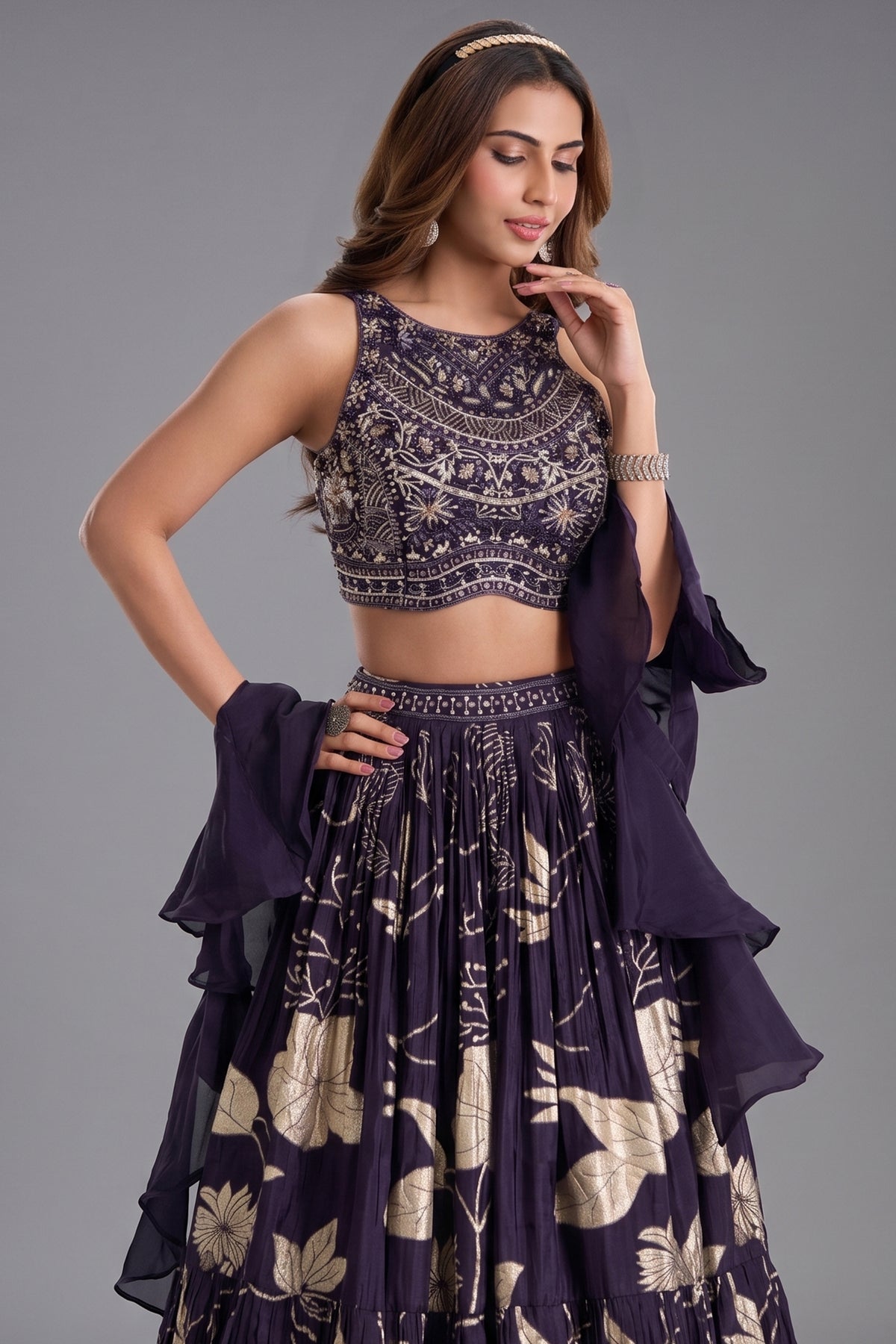 Deep Wine Purple Woven Lehenga Set featuring Sequin Cutdana Illusion Crop Top