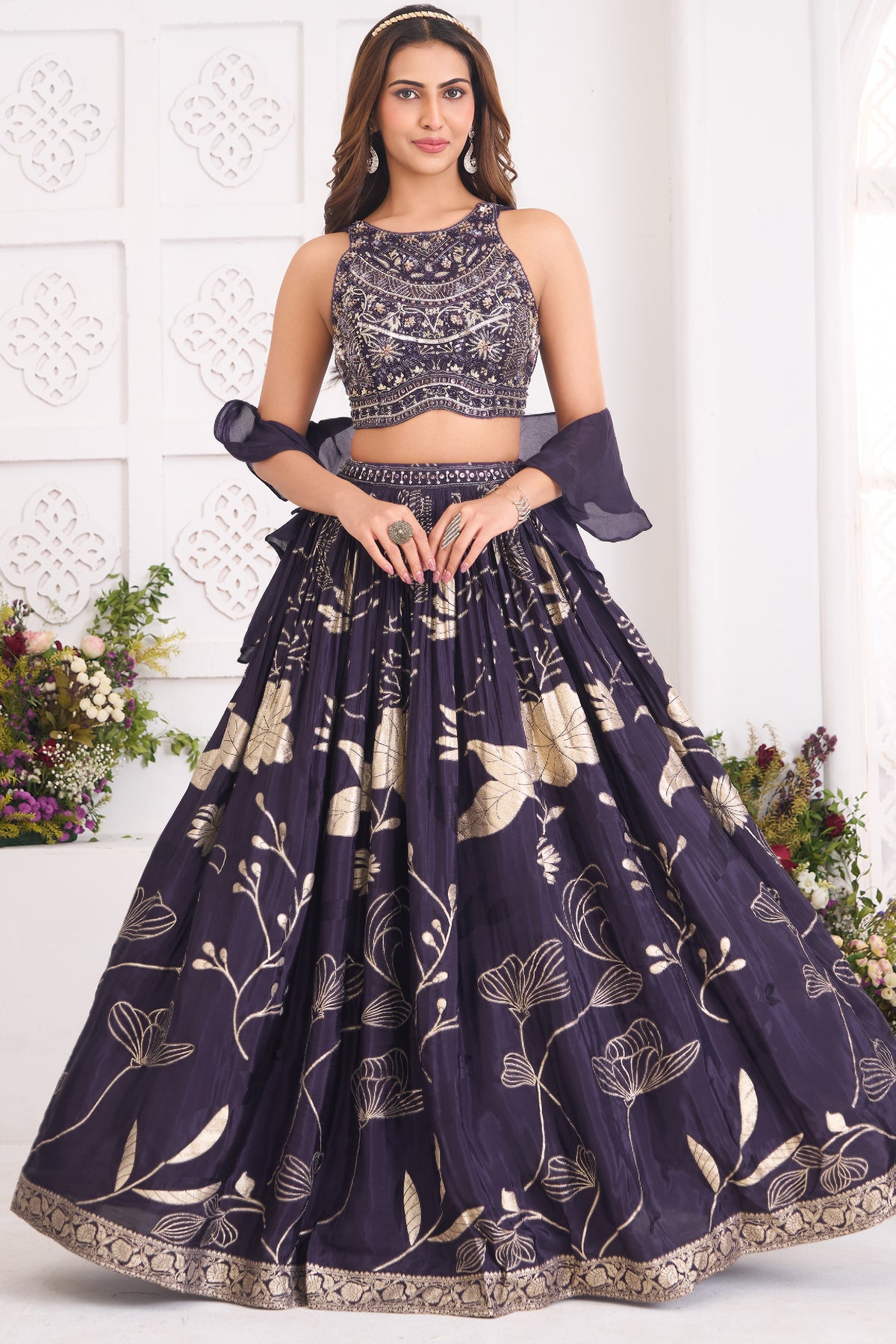 Deep Wine Purple Woven Lehenga Set featuring Sequin Cutdana Illusion Crop Top