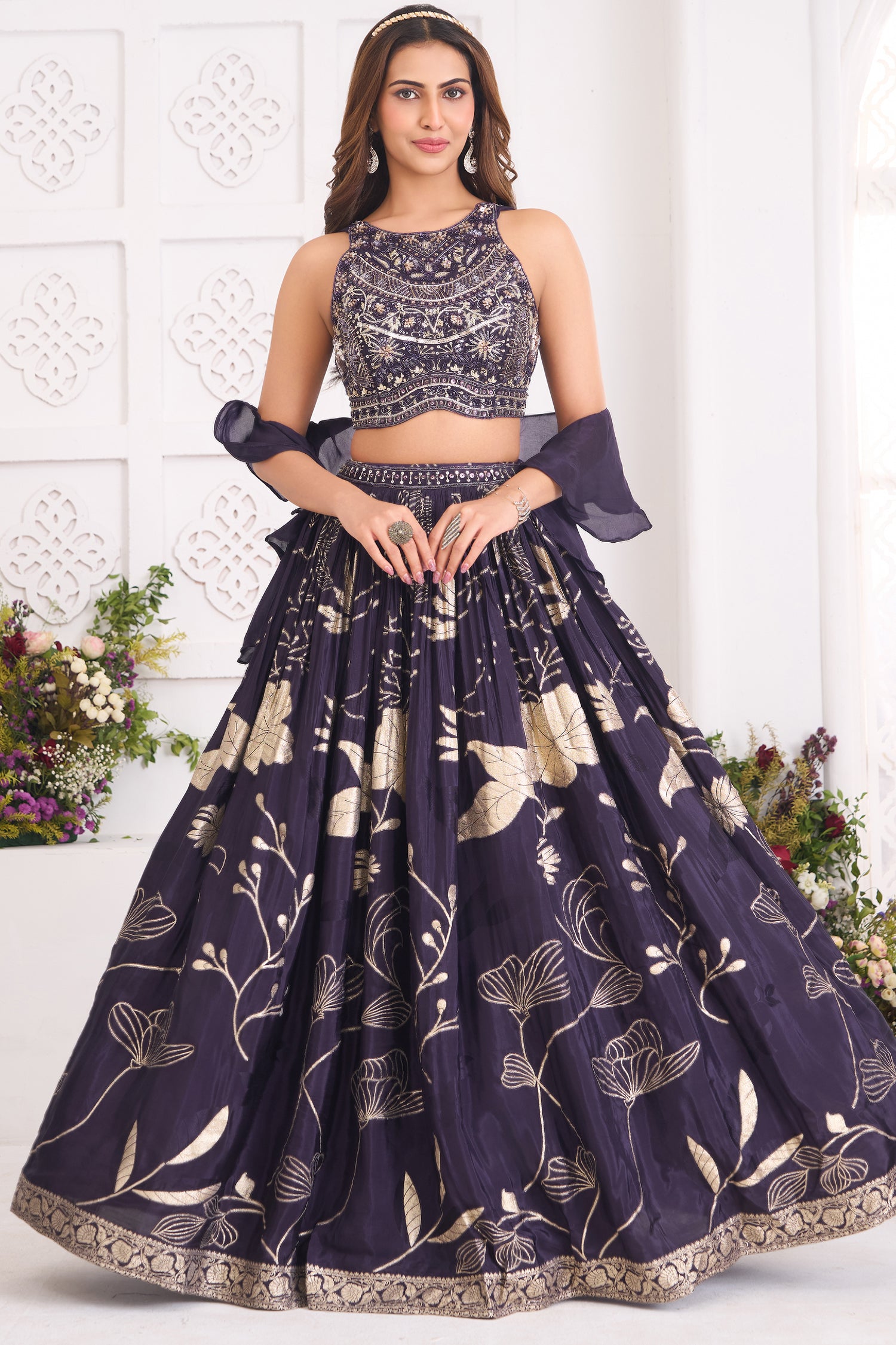 Deep Wine Purple Woven Lehenga Set featuring Sequin Cutdana Illusion Crop Top