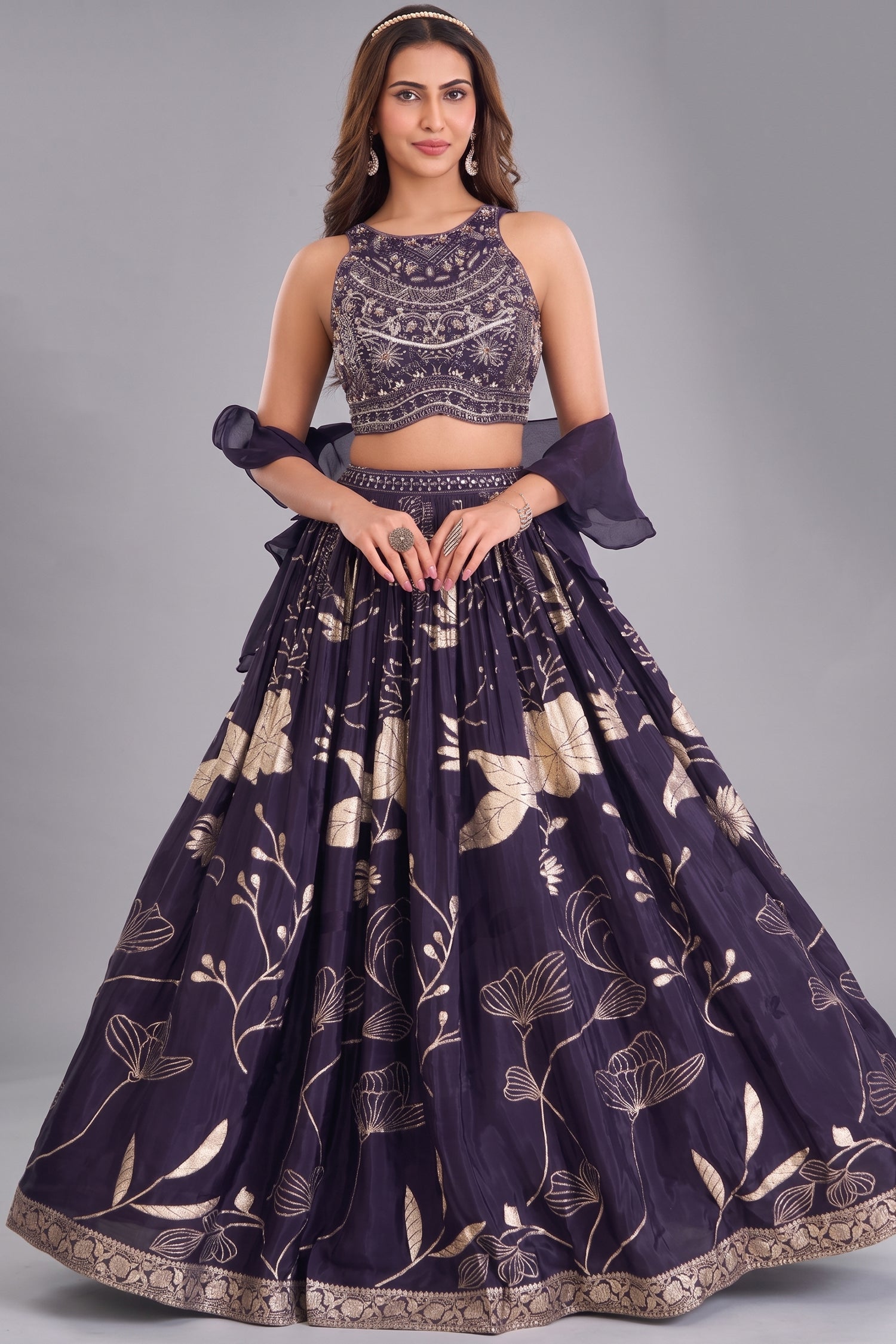Deep Wine Purple Woven Lehenga Set featuring Sequin Cutdana Illusion Crop Top Main image