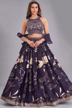 Deep Wine Purple Woven Lehenga Set featuring Sequin Cutdana Illusion Crop Top
