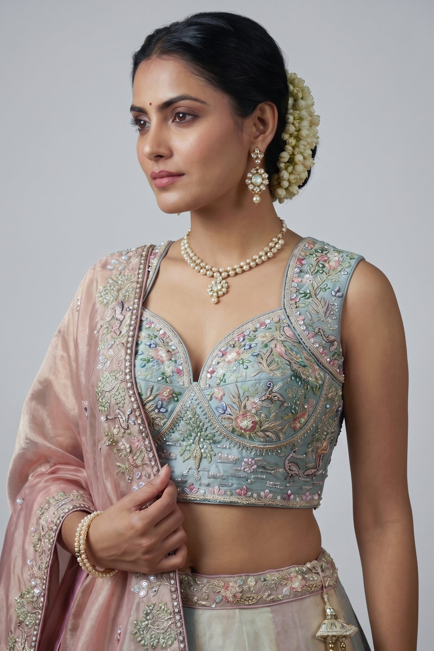 Multicolor Pastel Panelled Organza Lehenga Choli with Peacock Sequin Embroidery Secondary image