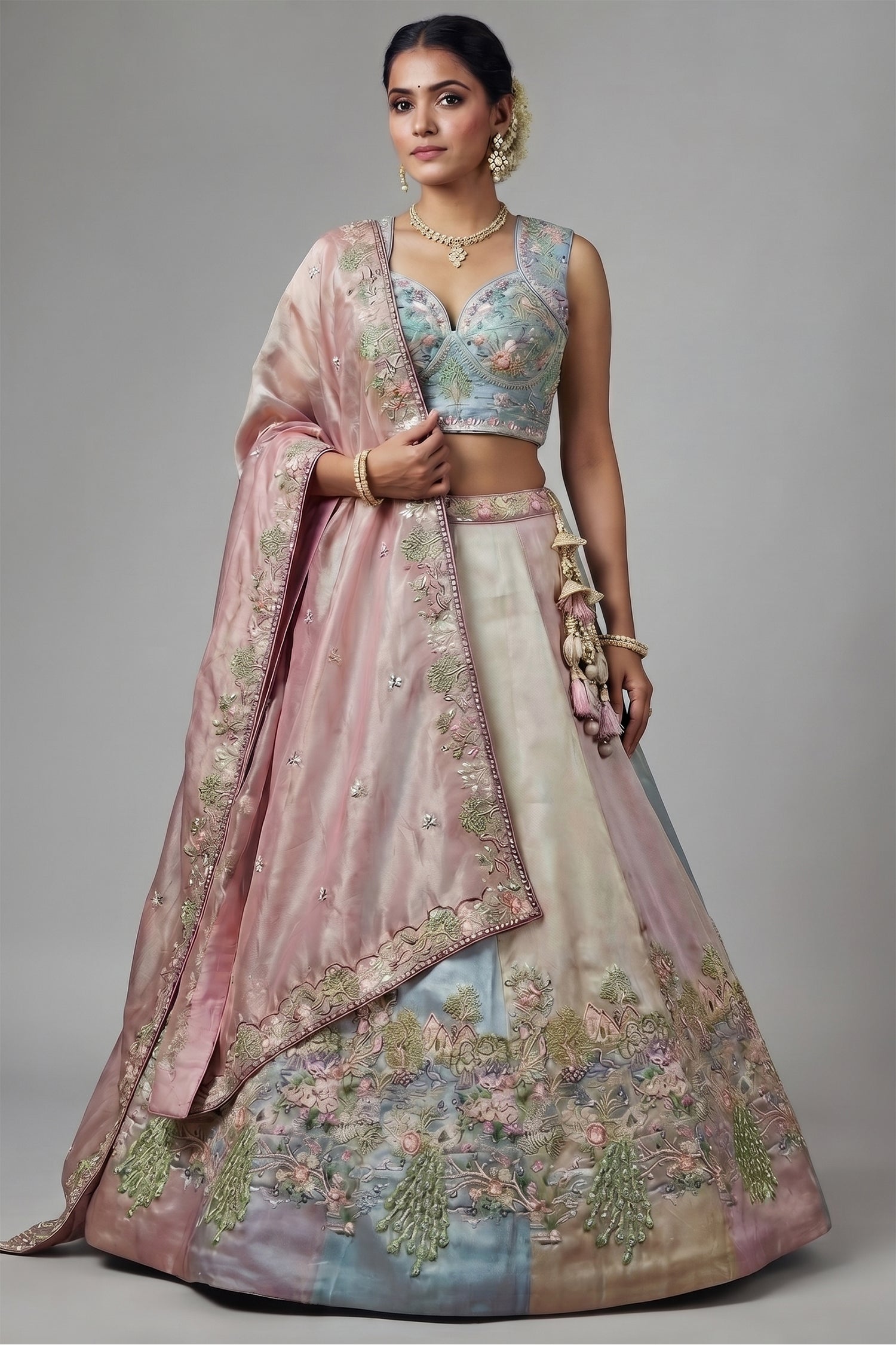 Multicolor Pastel Panelled Organza Lehenga Choli with Peacock Sequin Embroidery Main image