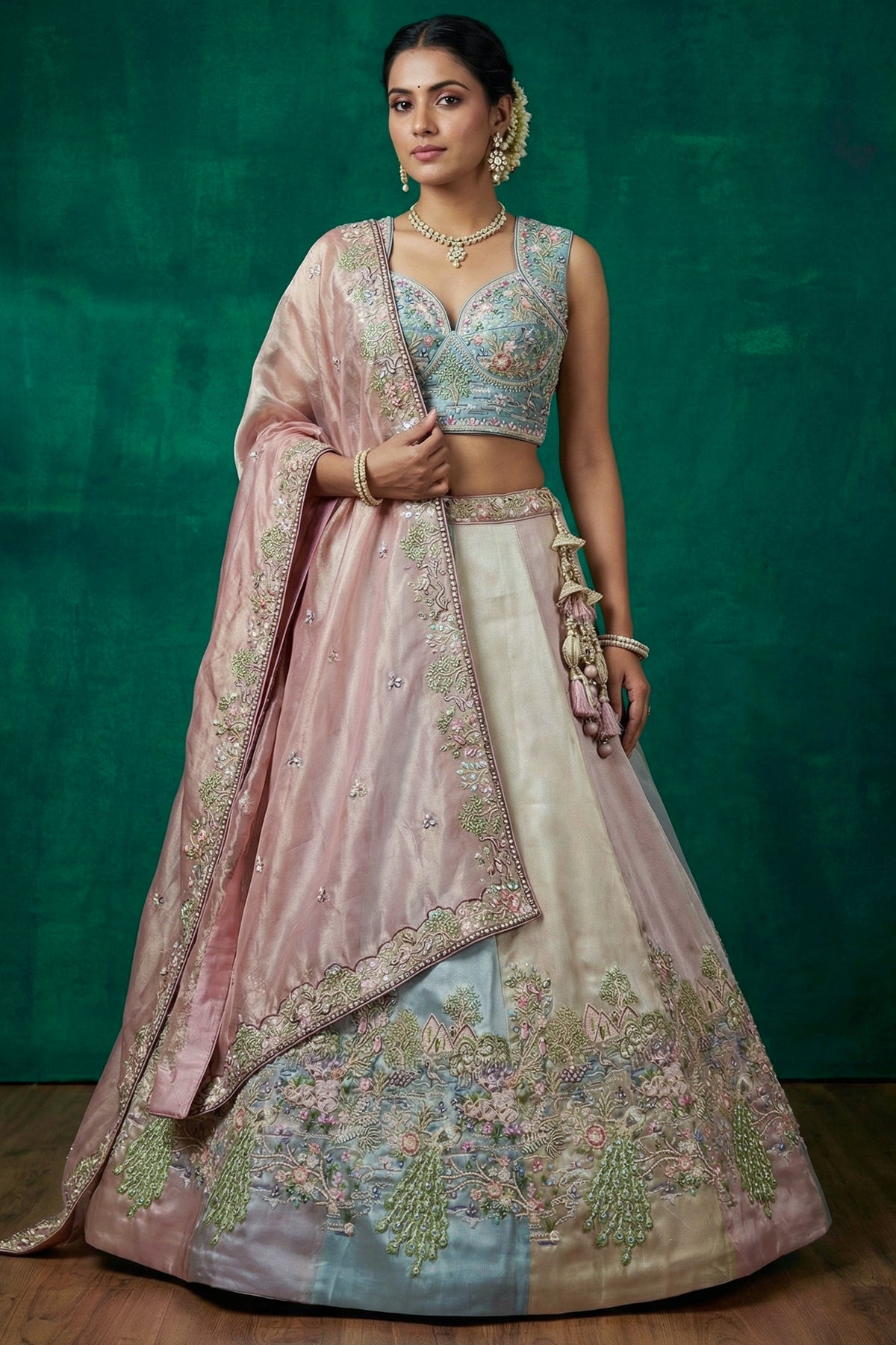 Multicolor Pastel Panelled Organza Lehenga Choli with Peacock Sequin Embroidery
