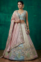 Multicolor Pastel Panelled Organza Lehenga Choli with Peacock Sequin Embroidery