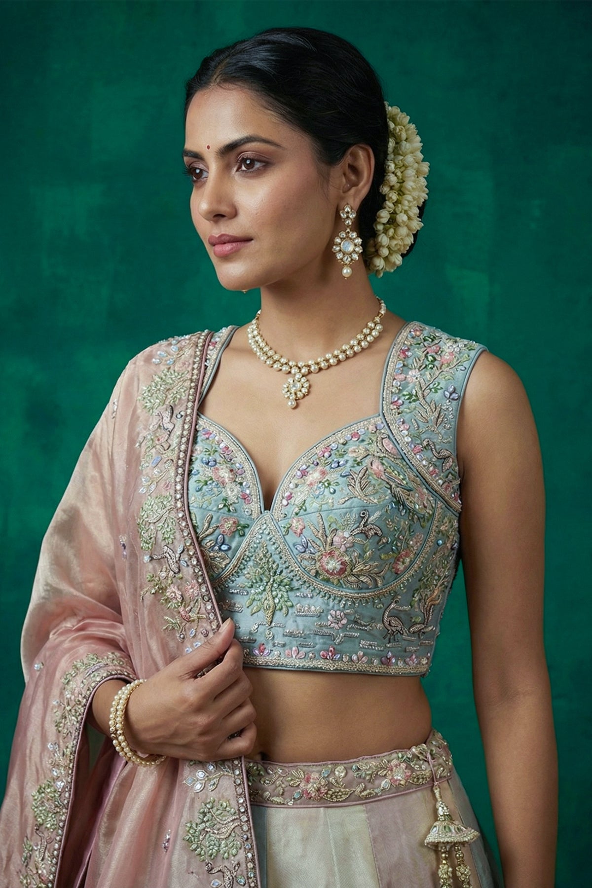 Multicolor Pastel Panelled Organza Lehenga Choli with Peacock Sequin Embroidery
