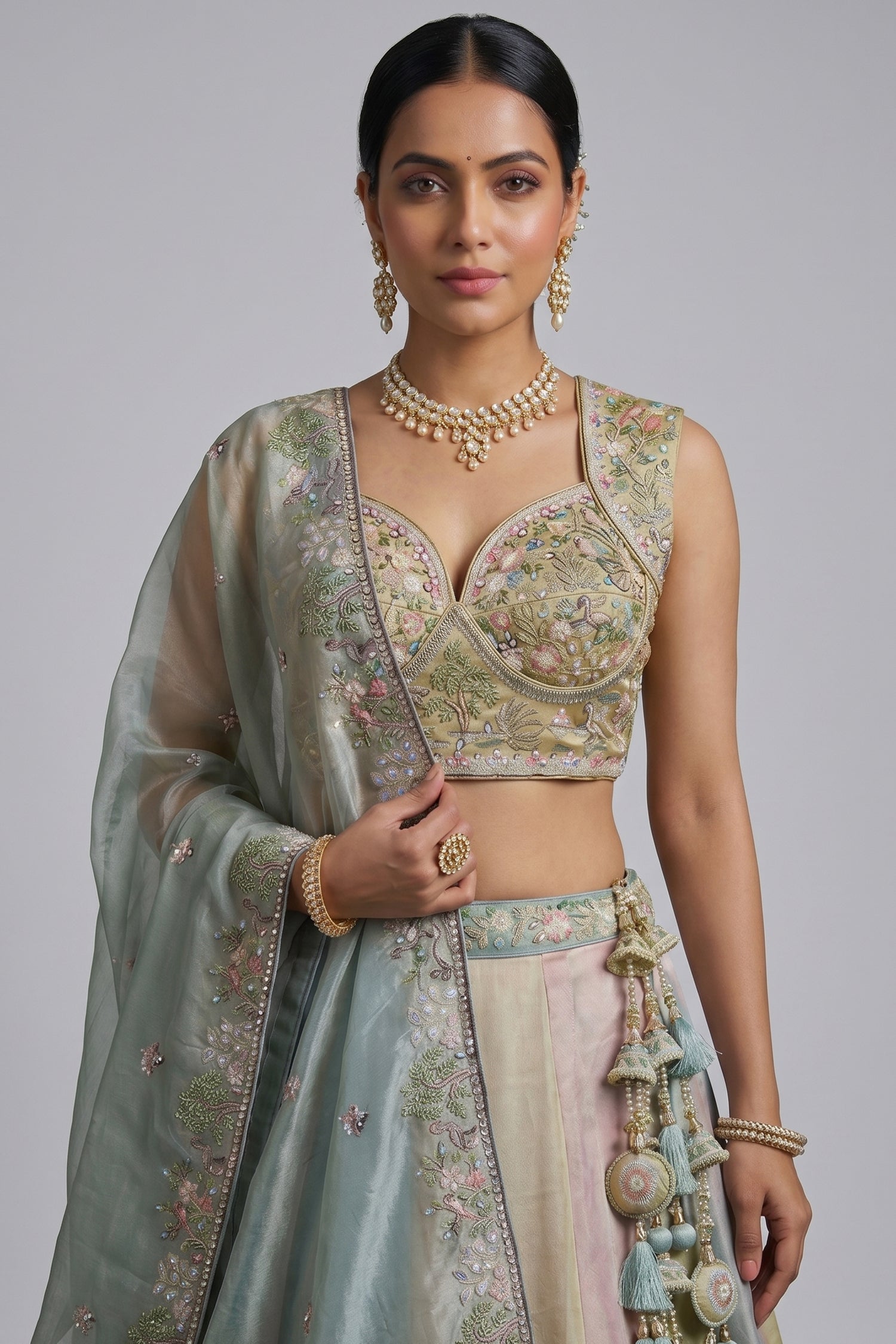 Multicolor Mint Panelled Organza Lehenga Choli with Botanical Peacock Embroidery Secondary image