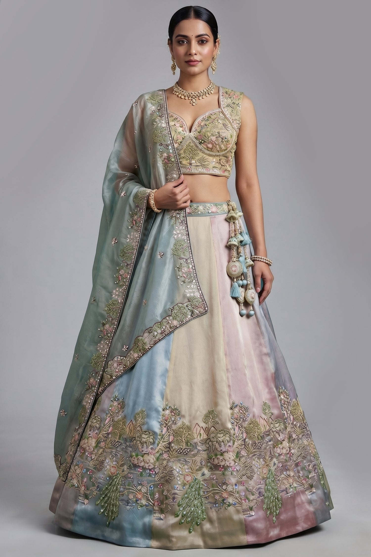 Multicolor Mint Panelled Organza Lehenga Choli with Botanical Peacock Embroidery Main image