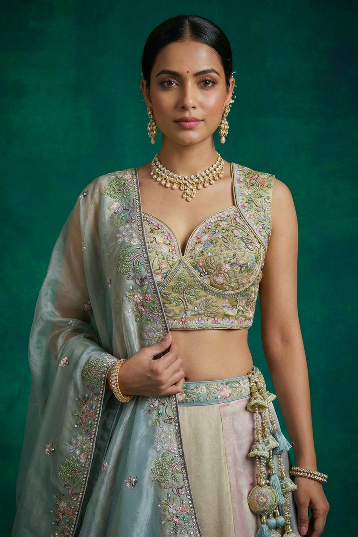 Multicolor Mint Panelled Organza Lehenga Choli with Botanical Peacock Embroidery