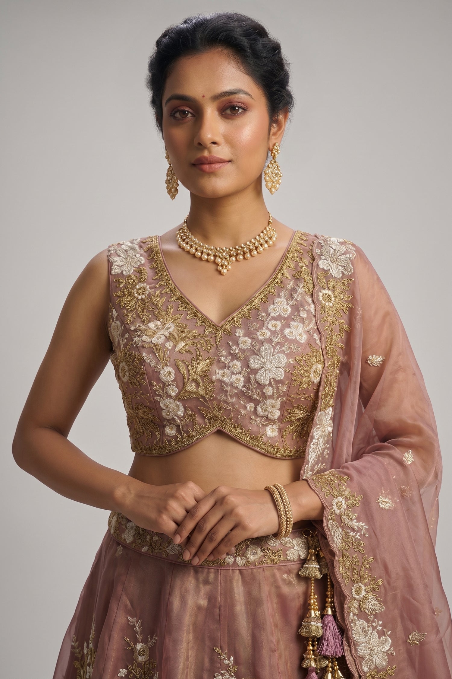 Rose Gold Metallic Tissue Lehenga Choli with Ivory Floral Sequin & Bead Embroidery Secondary image