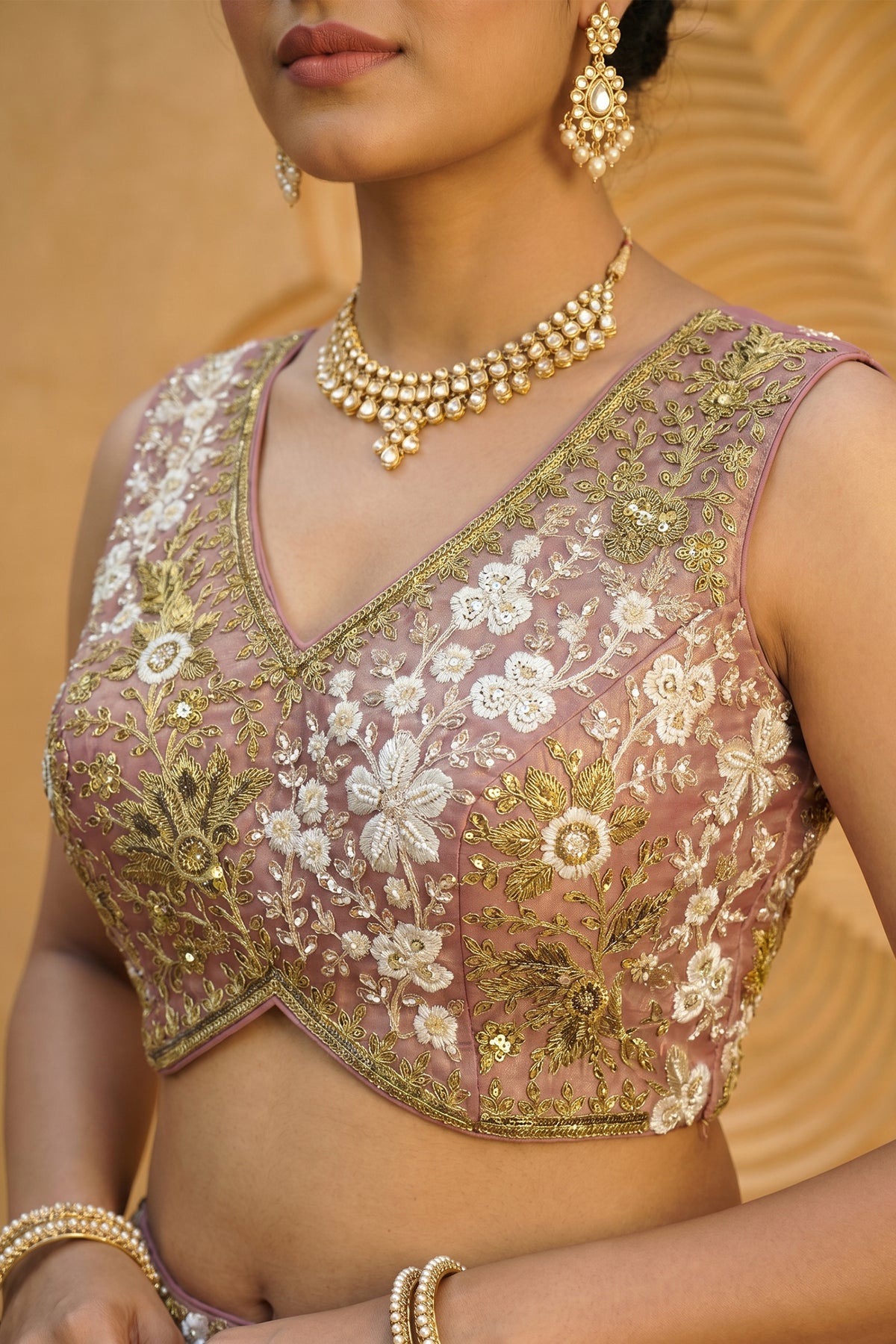 Rose Gold Metallic Tissue Lehenga Choli with Ivory Floral Sequin & Bead Embroidery