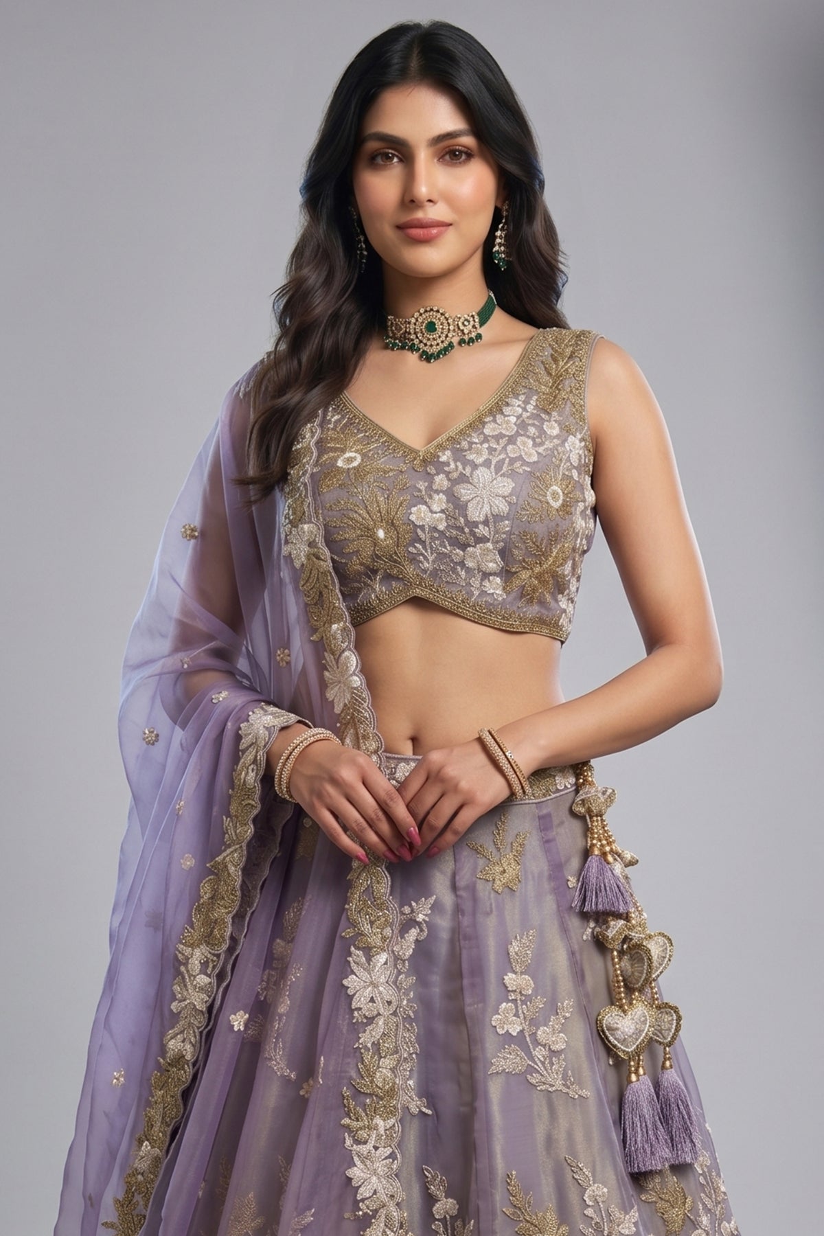 Dusty Purple Metallic Tissue Lehenga Choli with Royal Floral Sequin & Bead Embroidery